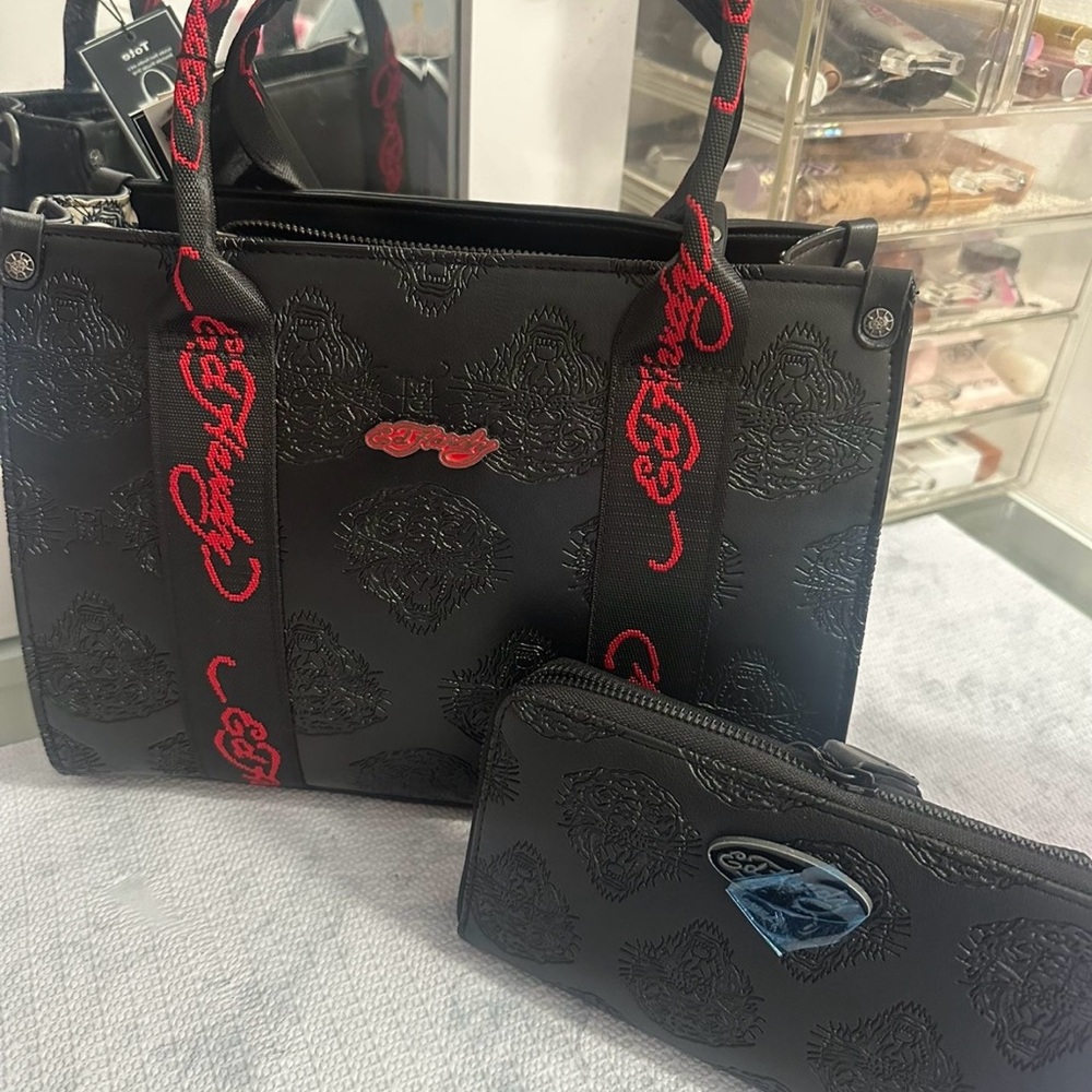 Ed Hardy Embossed Black & Red Tote Bag with Wallet Set